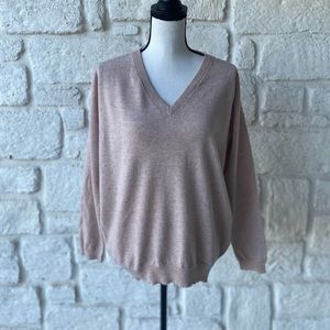 Brunello Cucinelli Women’s Tan - Ink Cashmere V Neck Sweater Size Large